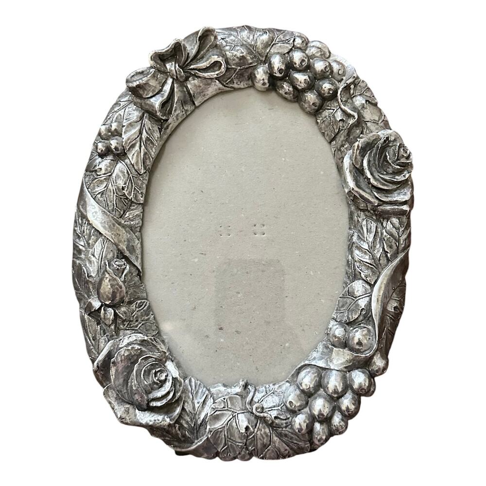 Vintage Oval floral fruit frame Romantic victorian Silver home decor baroque 4x6